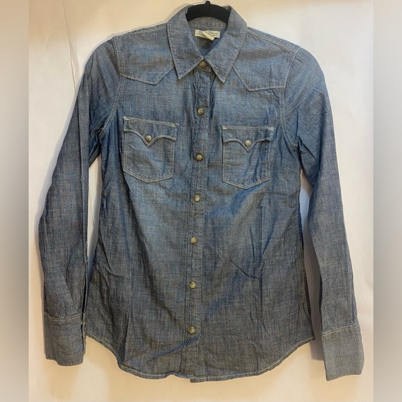 LUCKY BRAND WESTERN SNAP FRONT COTTON DENIM SHIRT TOP BUTTON DOWN SIZE XS - Picture 2 of 9